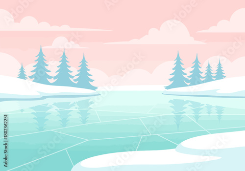 Frozen pastel lake with pine trees soft-flat semi-realistic winter landscape background vector illustration