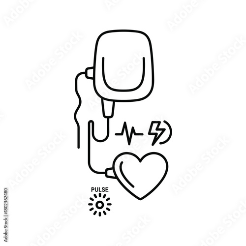 Heart monitor and defibrillator with pulse beat line art icon