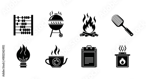 Set of black bbq and cooking icons featuring grill and fire designs