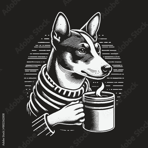 Stylish Dog in Sweater Enjoying a Warm Drink.