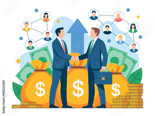 Two businessmen shake hands in front of money bags and coins symbolizing financial success and partnership