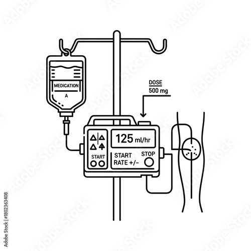 Intravenous medication drip with infusion pump in medical care
