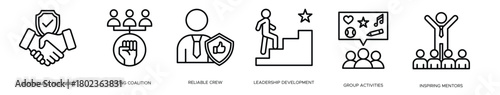 “Minimal team building line icons representing collaboration, unity, and group interaction.”