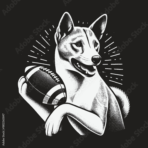 Vintage Black and White Illustration of a Dog Holding a Football.