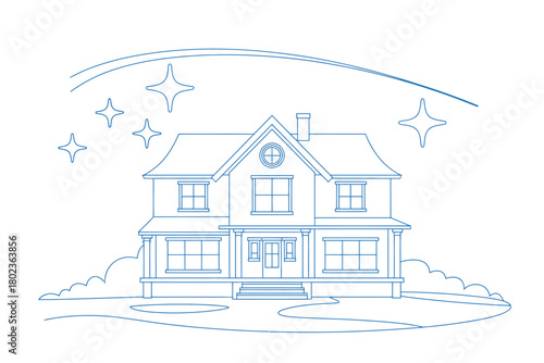 A clean, sparkling house with a porch, surrounded by bushes and under a starry sky.