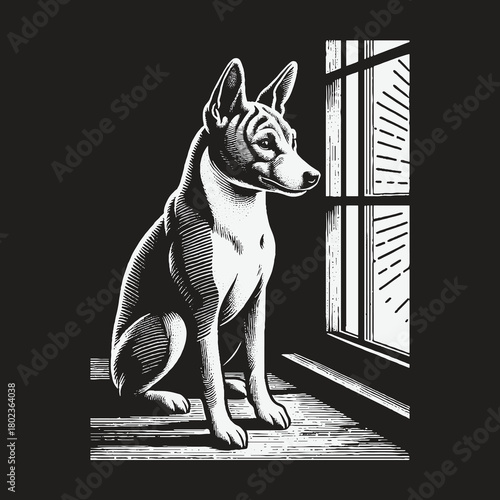 Monochrome linocut style dog sitting patiently by a sunlit window.