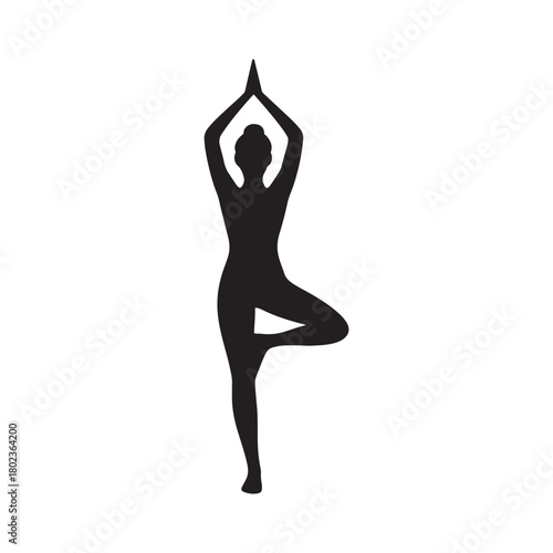 Silhouette of a woman performing a yoga tree pose on a white background