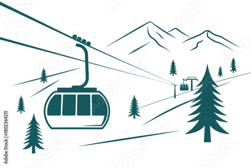 A ski lift transports passengers up a snowy mountain with pine trees below.