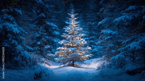 A pristine evergreen, snow-laden and softly lit, stands amidst a dense, tranquil forest blanketed in snow. An ethereal winter scene evokes feelings of serenity and peace.