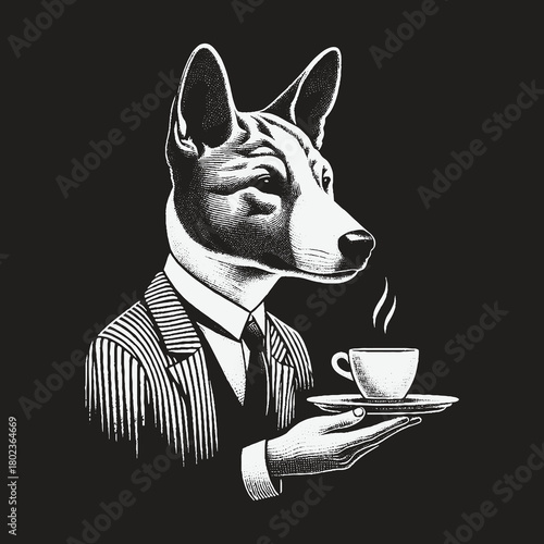 Stylish Anthropomorphic Dog in a Suit Holding a Cup of Coffee.