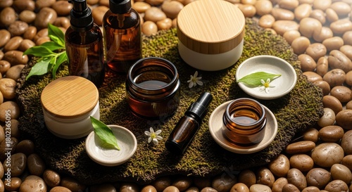 Assorted skincare products displayed on moss with pebble background
