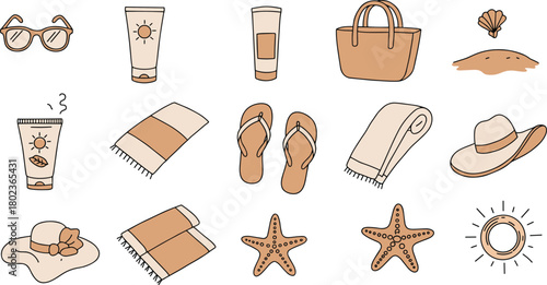 PrintBeach vacation essentials illustration featuring sunscreen, sunglasses, flip flops, towels, hats, starfish, beach bag, and summer accessories in warm minimalist style