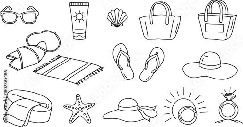 PrintBeach vacation essentials illustration featuring sunscreen, sunglasses, hats, bags, flip flops, towel, seashell, starfish, and summer travel accessories collection
