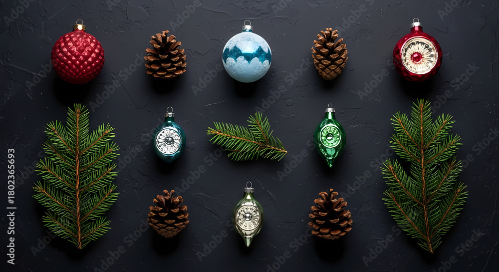 Fototapeta premium CHRISTMAS PATTERN: SYMMETRIC ARRANGEMENT OF VINTAGE ORNAMENTS AND FIR BRANCHES ON DARK STONE