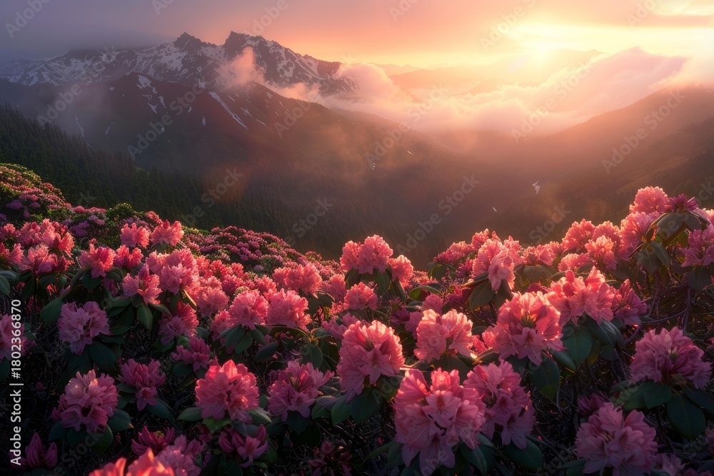 Fototapeta premium Pink rhododendrons blooming on a mountainside during a breathtaking sunset