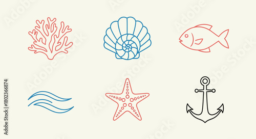 Nautical icons: marine life and ocean symbols in minimalist line art