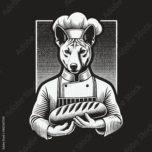 Vintage Engraving Illustration of a Dog Chef Holding Bread.