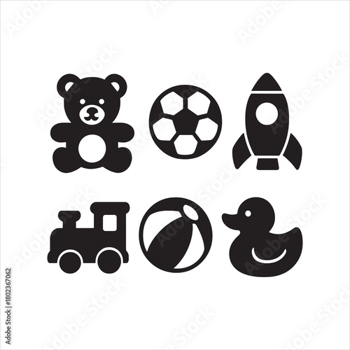 Children's Toys and Play Vector Icon Set: Teddy Bear, Soccer Ball, Rocket, and Train