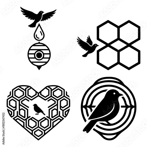 Bird and hive collection of four vector illustrations featuring birds and beehives isolated on