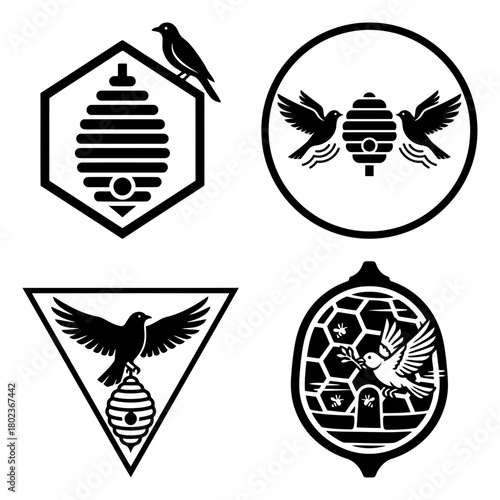 Bird and hive collection of bird and beehive logo designs isolated on for different purposes
