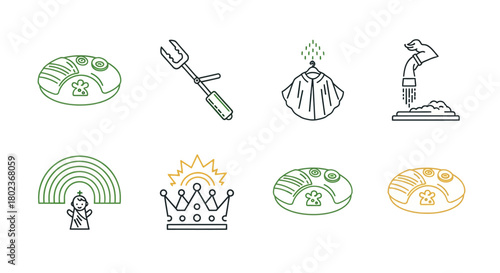 Simple line icons: cooking, fashion, rainbows, royalty, food, and hygiene