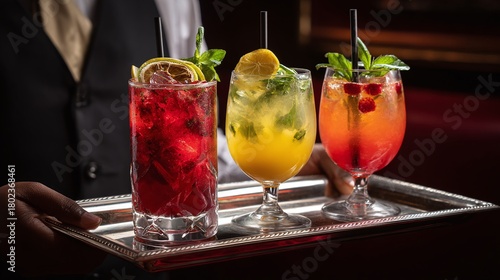 A waiter carries a silver tray with three colorful non-alcoholic cocktails, garnished with lime, mint, and raspberries, perfect for a refreshing and vibrant drink experience.