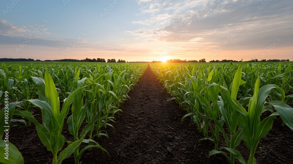 Naklejka premium A young cornfield with straight rows bathed in the warm light of a golden hour sunset