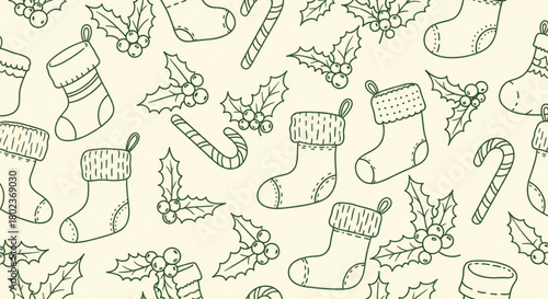 Christmas Stockings Candy Canes and Holly Doodle Seamless Pattern Illustration