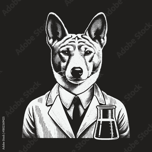 Intelligent Canine Scientist in a Lab Coat Monochrome Portrait.
