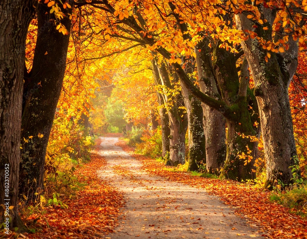 Obraz premium Autumn path with orange/yellow trees bordering a leaf-covered road, receding into a bright, misty distance