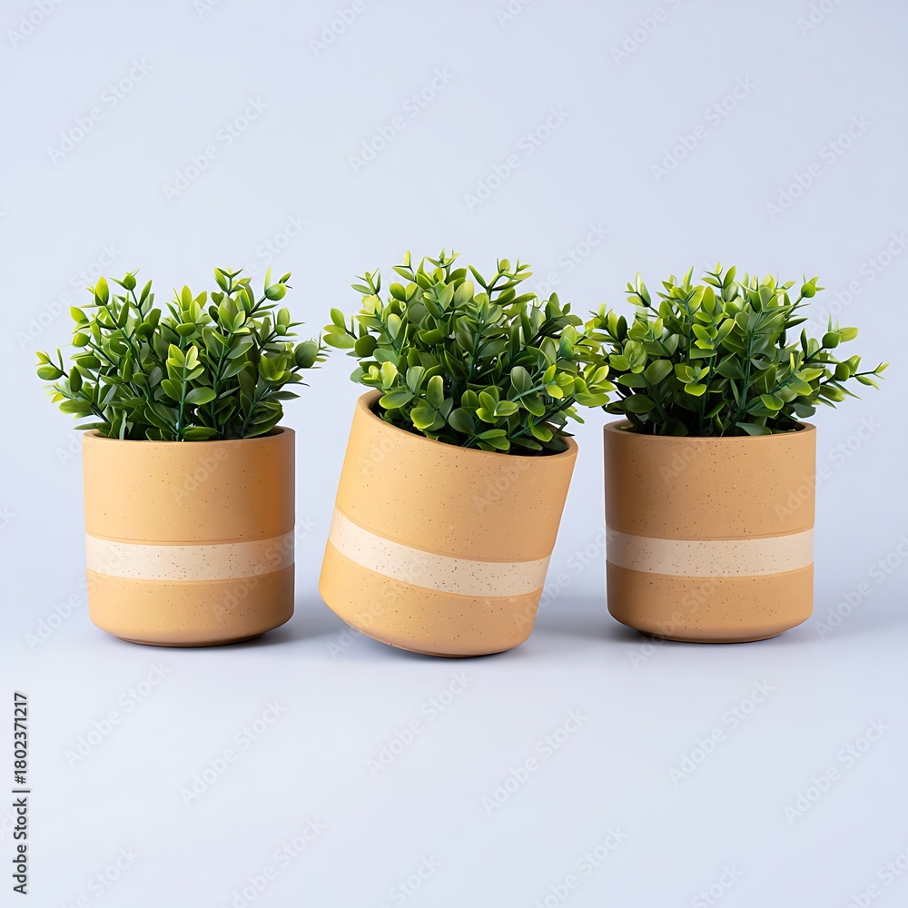 Fototapeta premium Three potted plants with green leaves on light background