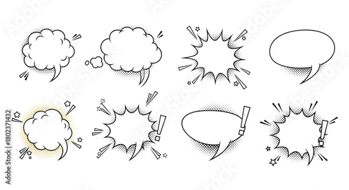 Collection of eight comic book style speech and thought bubbles with black outlines and halftone dots.