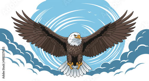 A majestic bald eagle soars through a bright blue sky with swirling clouds and a few distant birds.