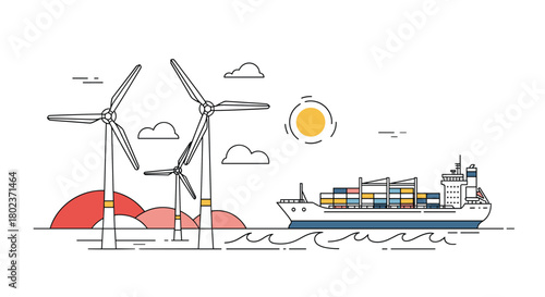 Wind turbines on the water with a cargo ship and sun in the background.