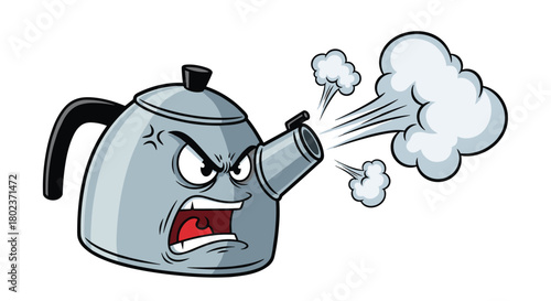 Angry cartoon kettle steaming and blowing hot air out of its spout with a fierce expression.