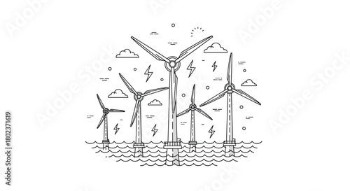 Line art illustration of offshore wind turbines generating clean energy amidst stormy weather.