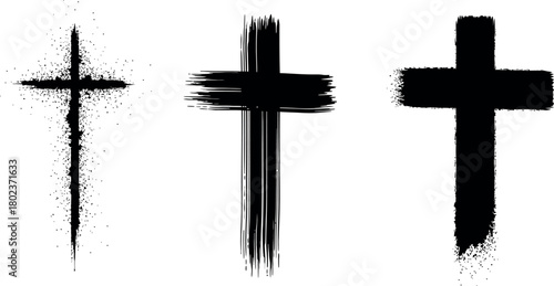 Three black christian cross symbols with textured brush stroke designs on white background
