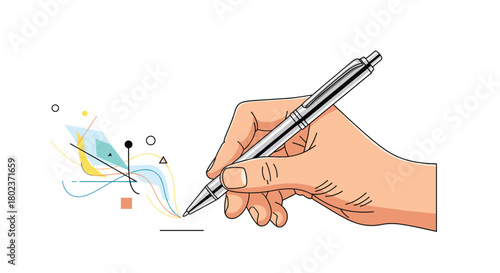 Hand holding a pen drawing colorful abstract shapes and lines with geometric elements.