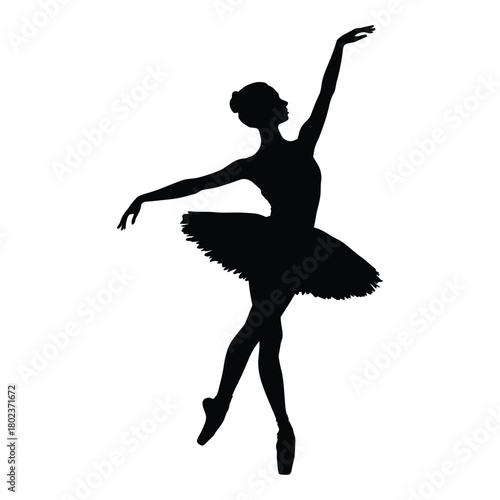 Young ballerina stands gracefully in a classic pose wearing a tutu; silhouette on transparent background