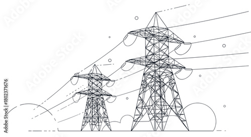 Outline drawing of two power line towers with transmission wires stretching across a clear sky.