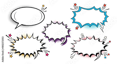 Collection of five comic book style speech and thought bubbles with colorful starbursts.