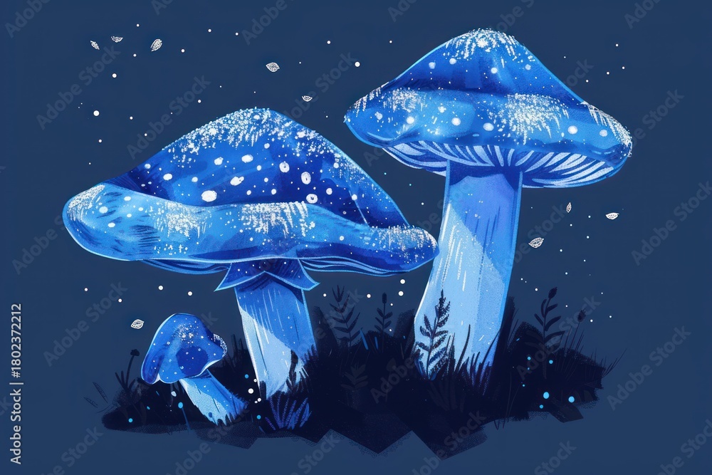 Naklejka premium Illustration of three glowing blue mushrooms with white spots growing in a dark enchanted forest at night