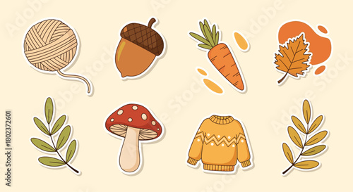Cute autumn themed illustrations of nature and cozy items, a sweet sticker collection.
