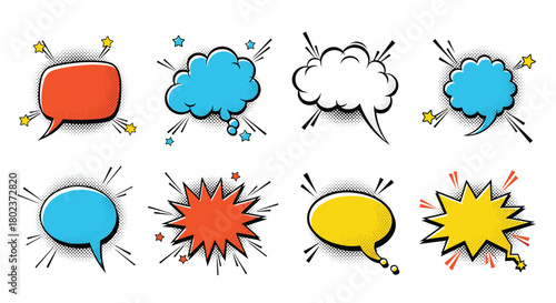 Collection of eight comic book style speech and thought bubbles in various colors and shapes.