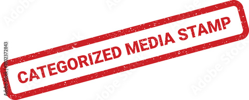 This red grungy rubber stamp with categorized media stamp text is positioned diagonally on white