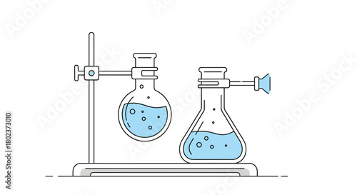 Two laboratory flasks containing blue liquid and bubbles are displayed on a stand.