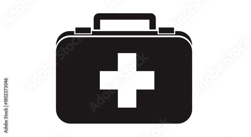 Minimalist medical first aid kit icon with cross symbol in black silhouette style