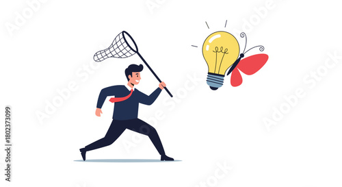 Businessman chasing a light bulb butterfly with a net to capture a new idea.