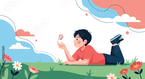 Young boy lying on grass gently touching a butterfly on his finger.