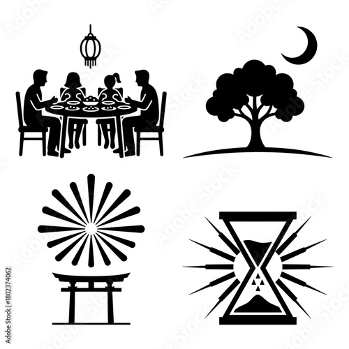 New years eve silhouette icons collection featuring family dinner, tree at night, torii gate, and hourglass isolated on